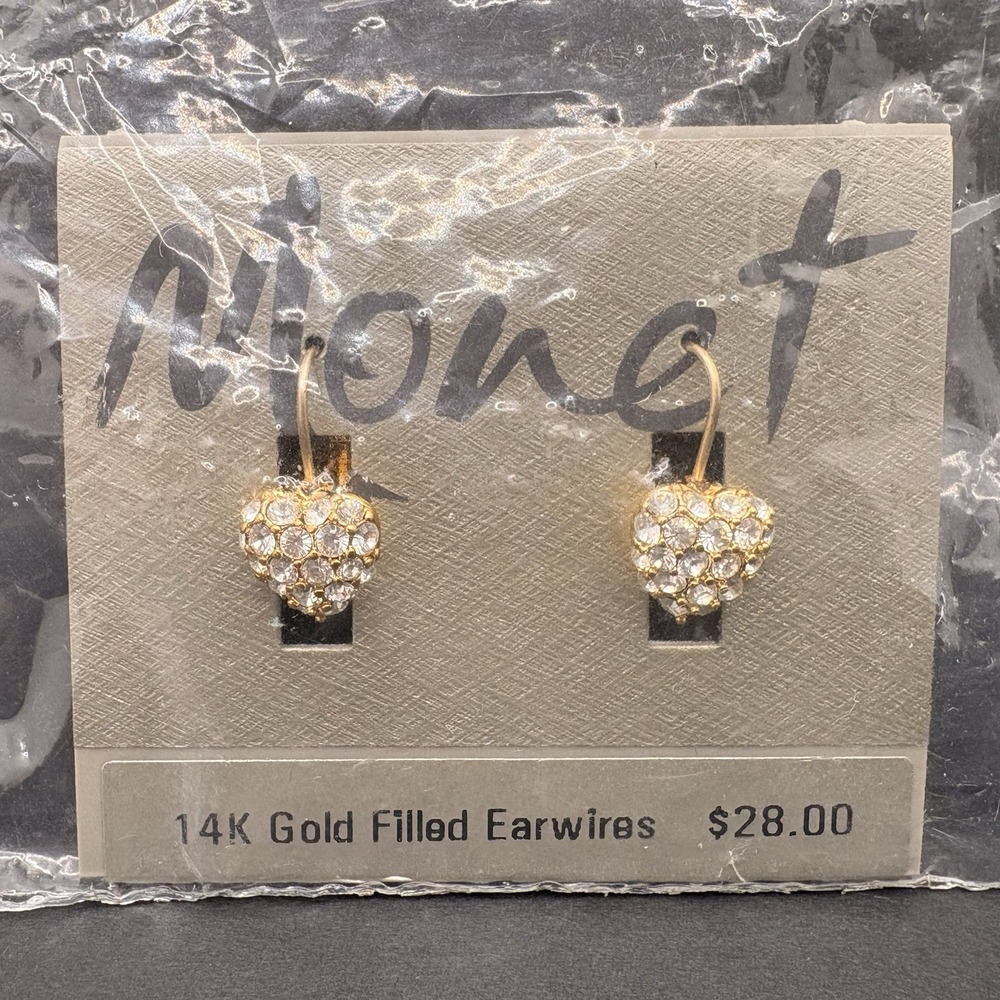 Monet Heart‎ Crystal Pierced Earrings Leverback 14K Gold Filled NEW Dainty